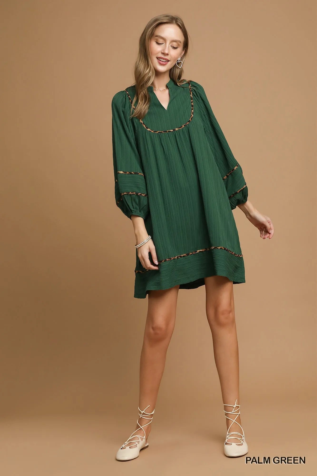 Umgee Textured Babydoll Dress with Leopard Trim | Daverri Fashions