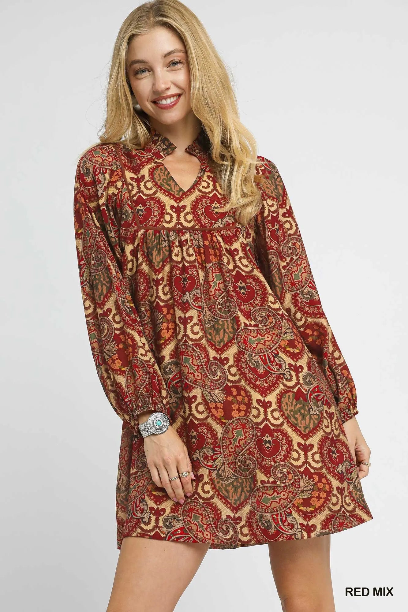 Umgee Boho Mix Paisley Babydoll Dress RED MIX