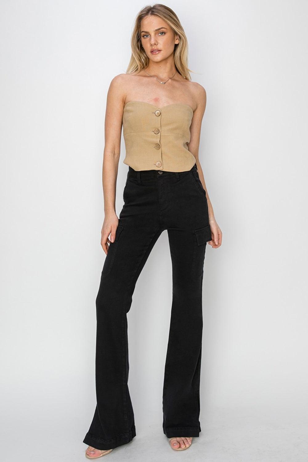 RISEN Full Size High Rise Side Slit Cargo Bootcut Jeans Jeans