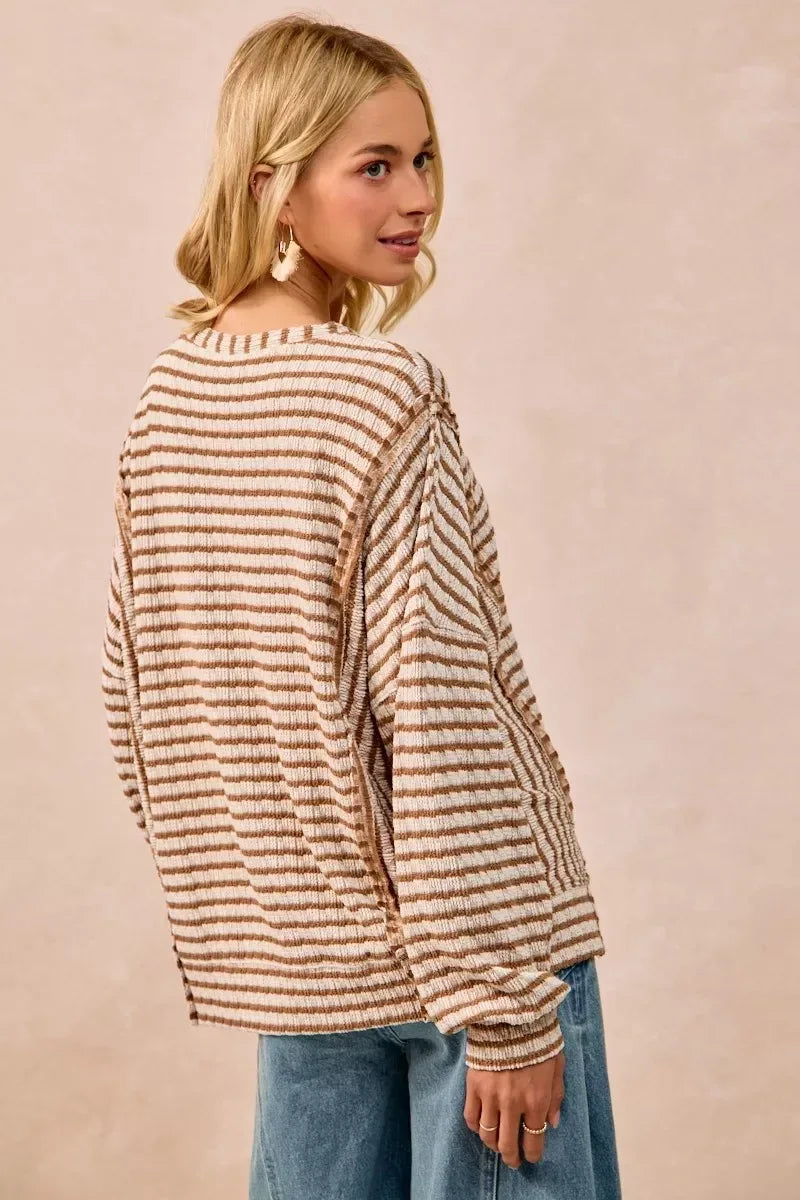 BiBi Open Seam Detail Textured Stripe Knit Top - DAVERRI FASHIONS