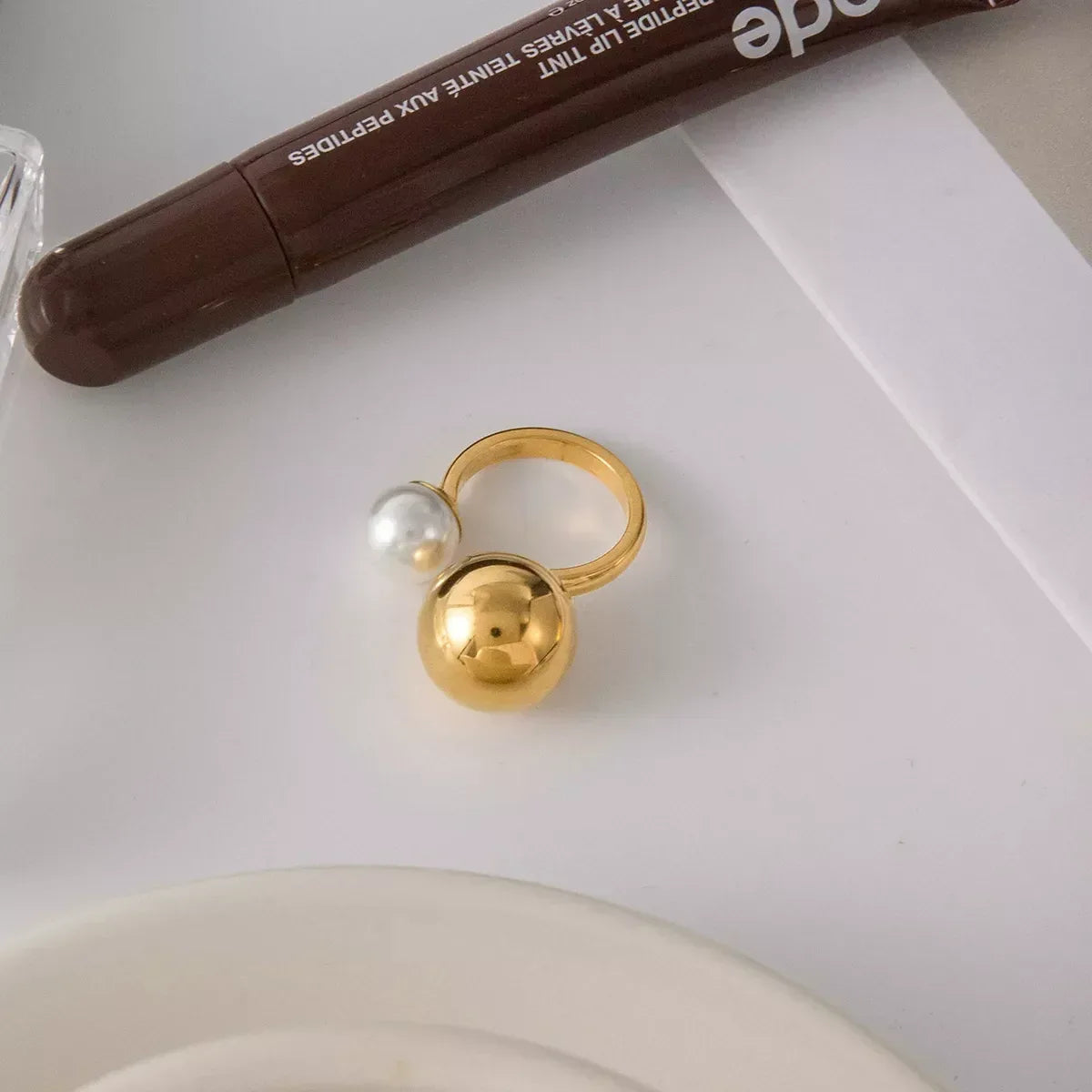 18K Gold-Plated Orb & Pearl Open Ring - DAVERRI FASHIONS