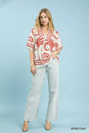 Umgee Folk Art Palm Print Puff Sleeve Blouse | Blouses Daverri Fashions