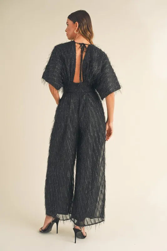 MABLE Fluffy Deep V Neck Wide Leg Jumpsuit Jumpsuits