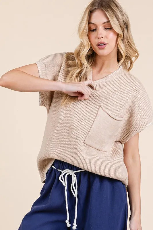 Lime 'N' Chili Solid Cap Sleeve Stitch Edge Knit Sweater Sweaters