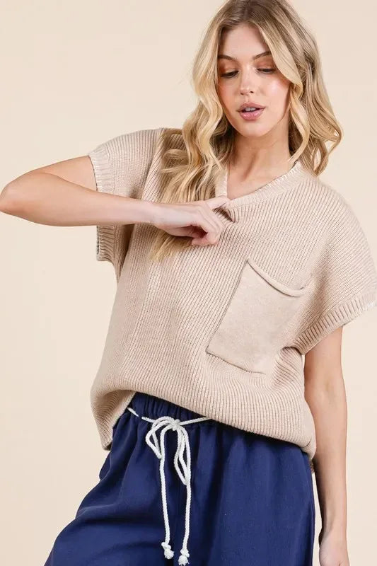 Lime 'N' Chili Solid Cap Sleeve Stitch Edge Knit Sweater - DAVERRI FASHIONS