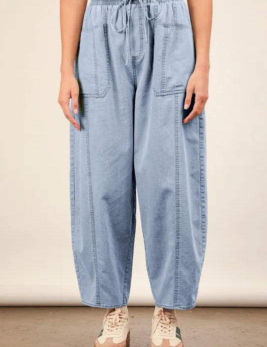 VERY J Washed Chambray Barrel Denim Pants | Jeans Daverri Fashions