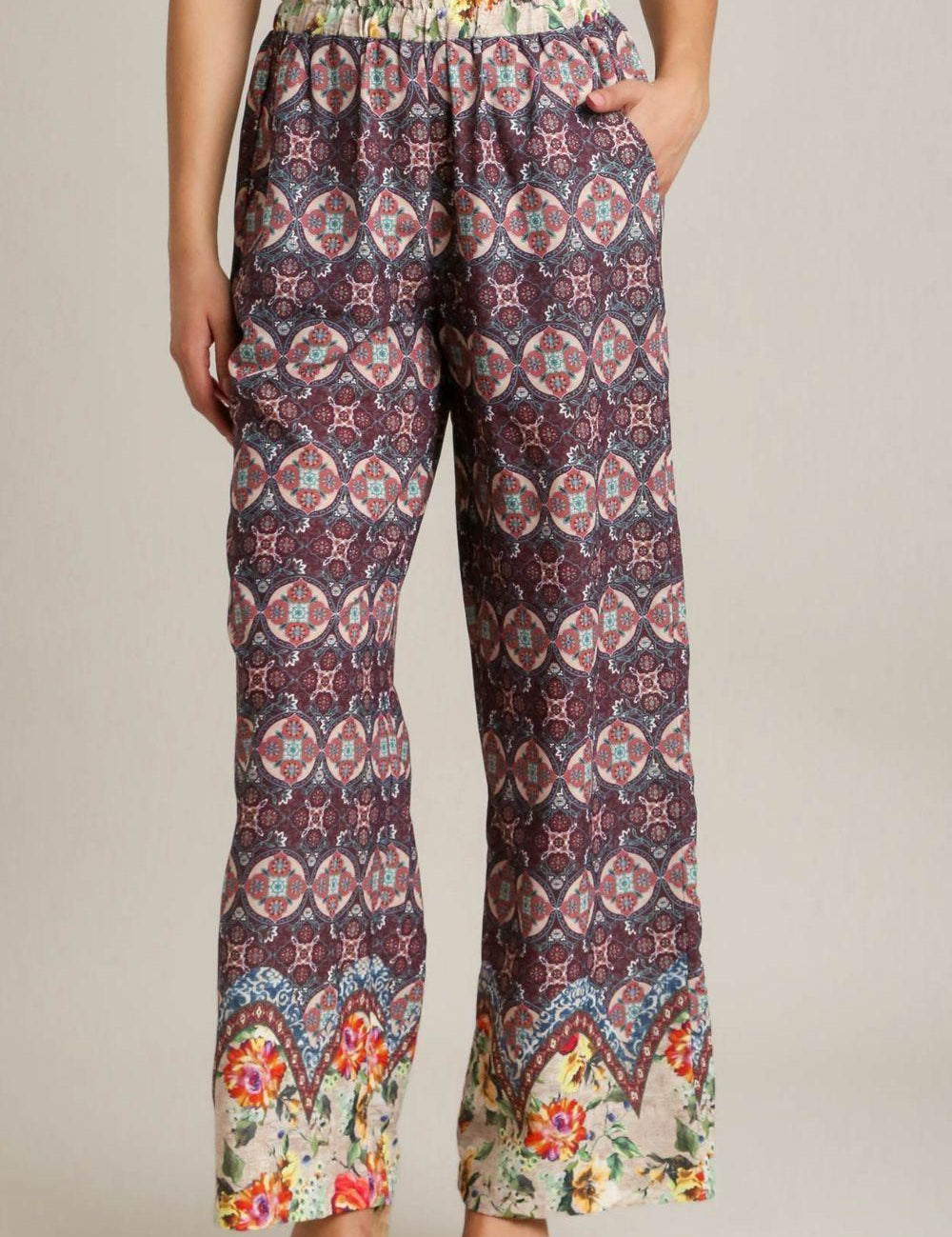 MAROON MIX Umgee Full Size Mixed Print Elastic Waistband Pants Plus Size | Pants Daverri Fashions