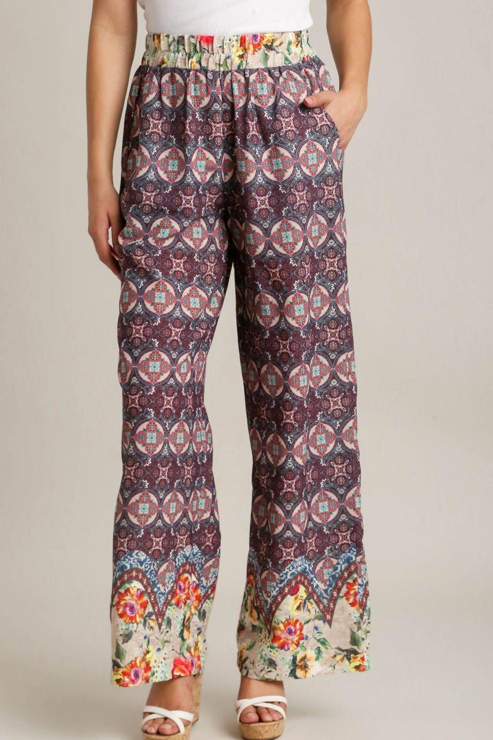 Umgee Full Size Mixed Print Elastic Waistband Pants Plus Size MAROON MIX Pants