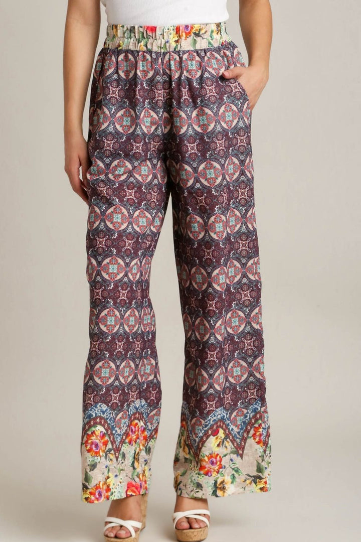 Umgee Full Size Mixed Print Elastic Waistband Pants Plus Size MAROON MIX