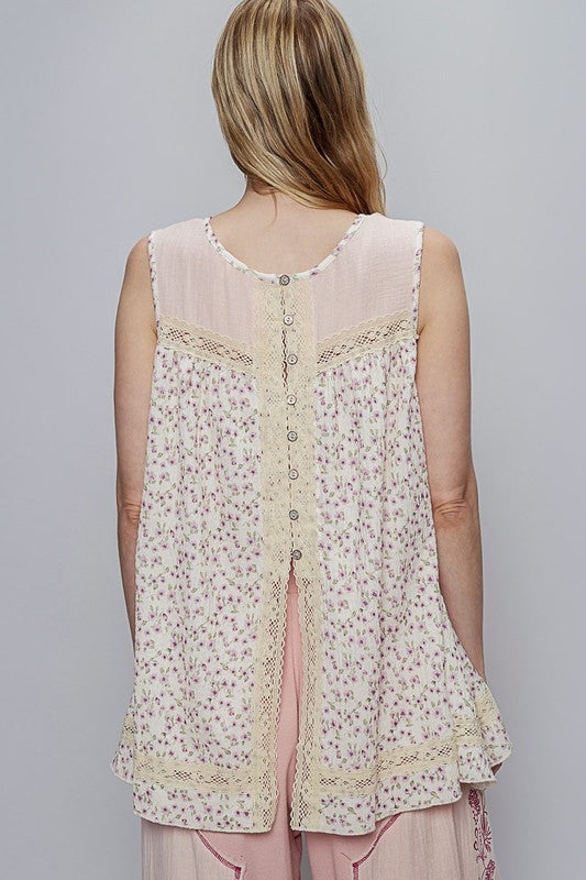 POL Lace Detail Floral Round Neck Sleeveless Top Tops