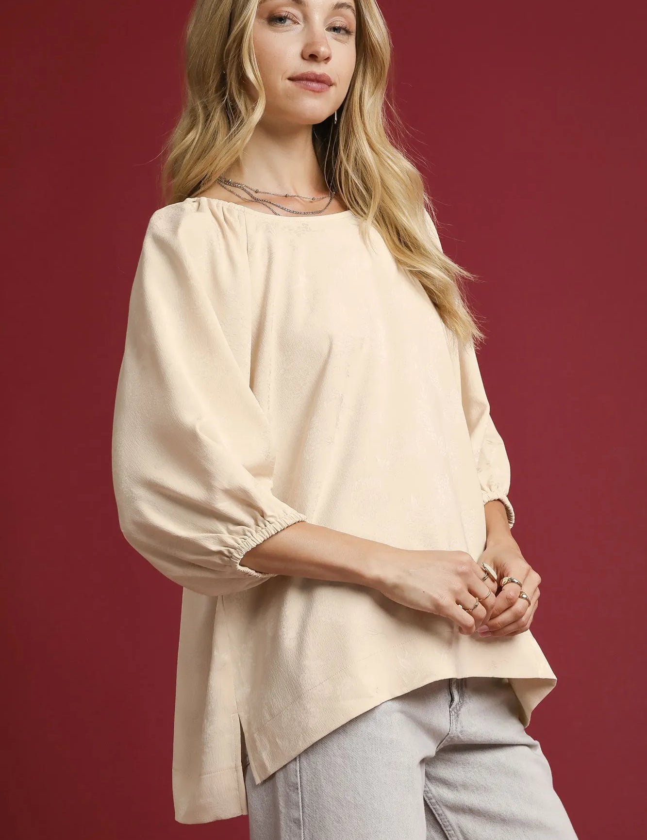 Umgee Satin Jacquard Balloon Sleeve Blouse | Blouses Daverri Fashions