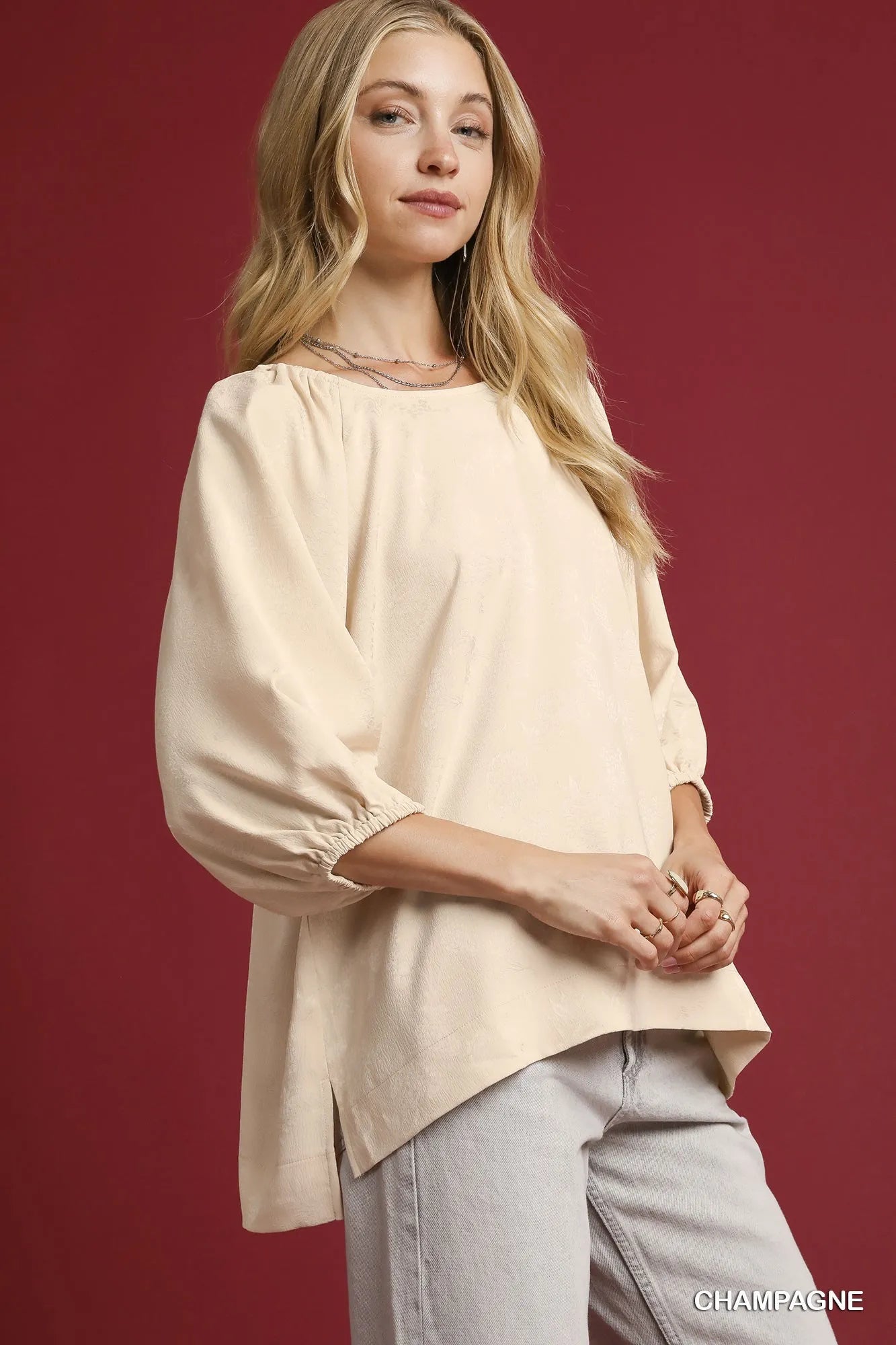 Umgee Satin Jacquard Balloon Sleeve Blouse Blouses