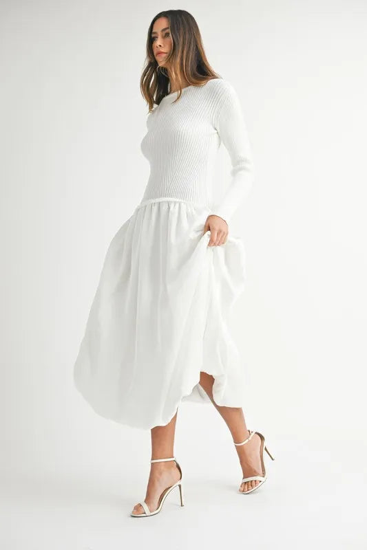 MABLE Ribbed Poplin Mix Midi Sweater Dress