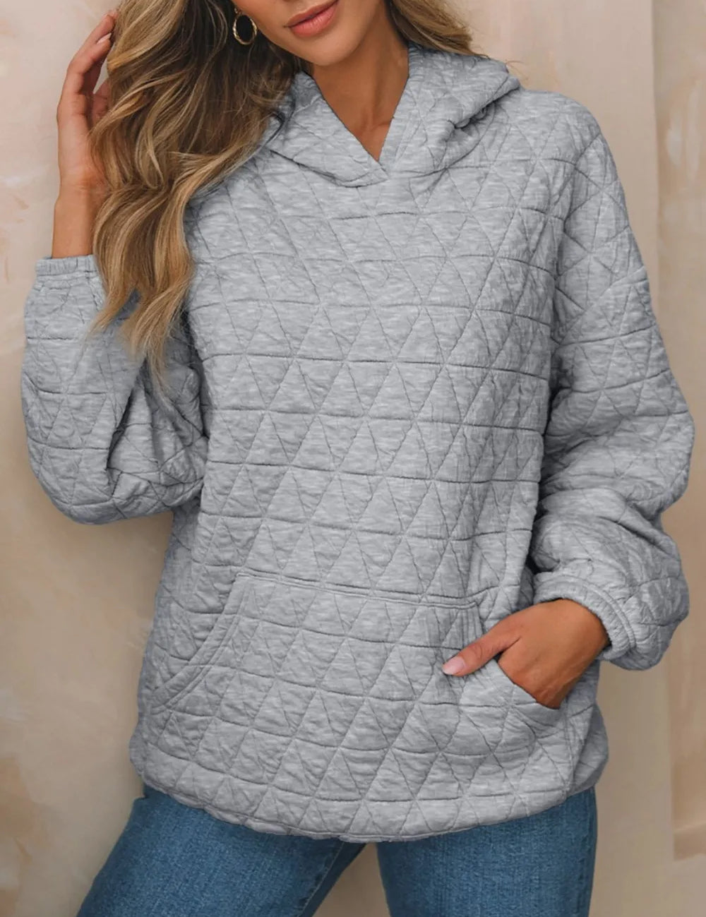 Gray Textured Long Sleeve Hoodie with Pockets | Hoodies Daverri Fashions
