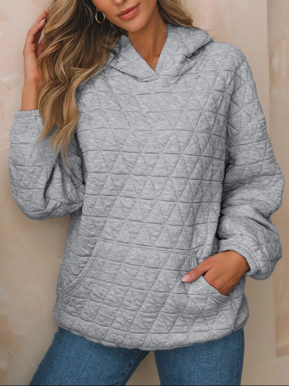 Gray Textured Long Sleeve Hoodie with Pockets | Hoodies Daverri Fashions