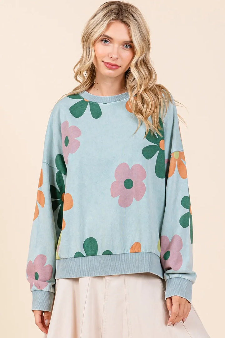 Mittoshop Mineral Wash Flower Print French Terry Sweatshirt Sweatshirts