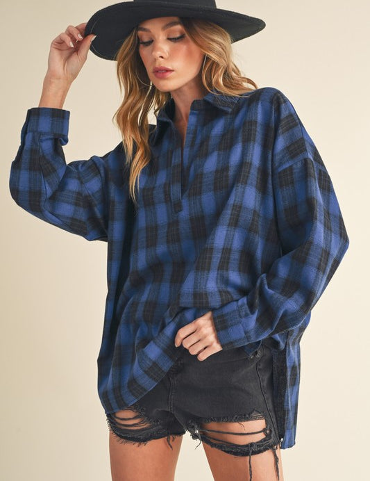 Aemi + Co Side Slit High-Low Plaid Long Sleeve Polo Shirt Shirts