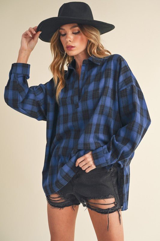 Aemi + Co Side Slit High-Low Plaid Long Sleeve Polo Shirt Shirts