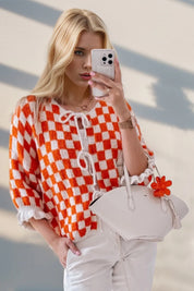 Orange-Red Double Take Tied Checkered Dropped Shoulder Flounce Sleeve Cardigan | Cardigans Daverri Fashions