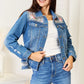 Baeful Leopard Floral Distressed Raw Hem Denim Jacket - DAVERRI FASHIONS