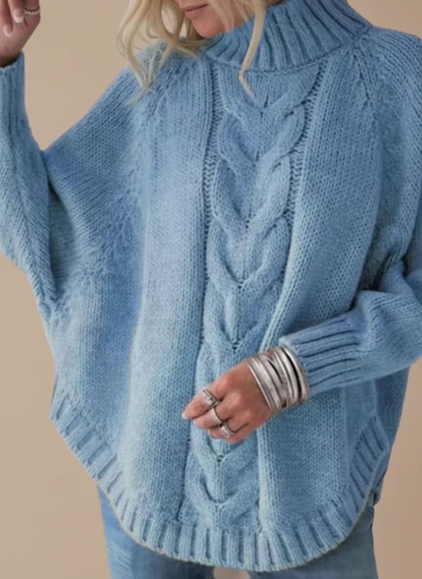 Light blue full size cable-knit long sleeve turtleneck sweater