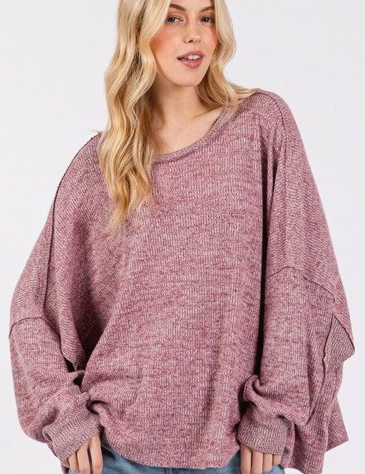 SAGE + FIG Round Neck Batwing Sleeve Oversize Top | Tops Daverri Fashions