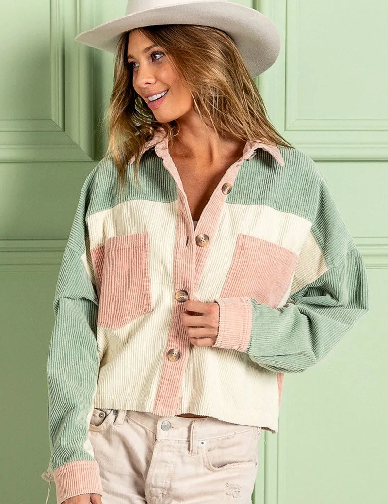 BiBi Color Block Vintage Washed Corduroy Jacket | Jackets Daverri Fashions