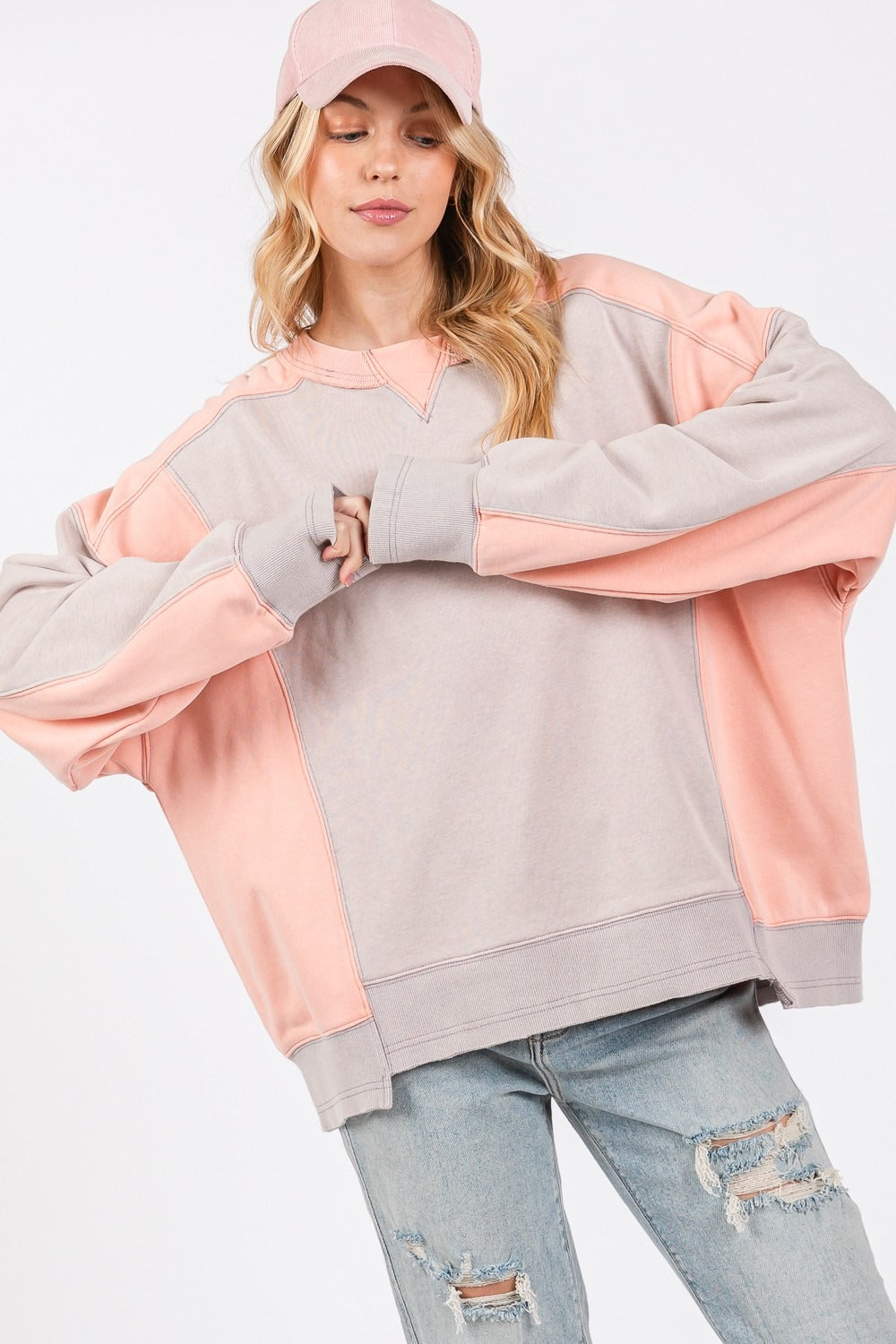 SAGE + FIG Color Block Round Neck Sweatshirt Gray Peach Tops