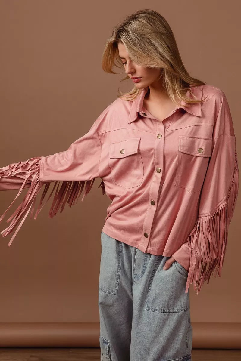 BiBi Suede Fringe Long Sleeve Jacket | Jackets Daverri Fashions