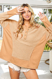 BiBi Thumb Opening Long Sleeve Top with Kangaroo Pocket Taupe