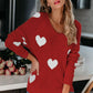 Red heart-patterned scoop neck long sleeve knit sweater
