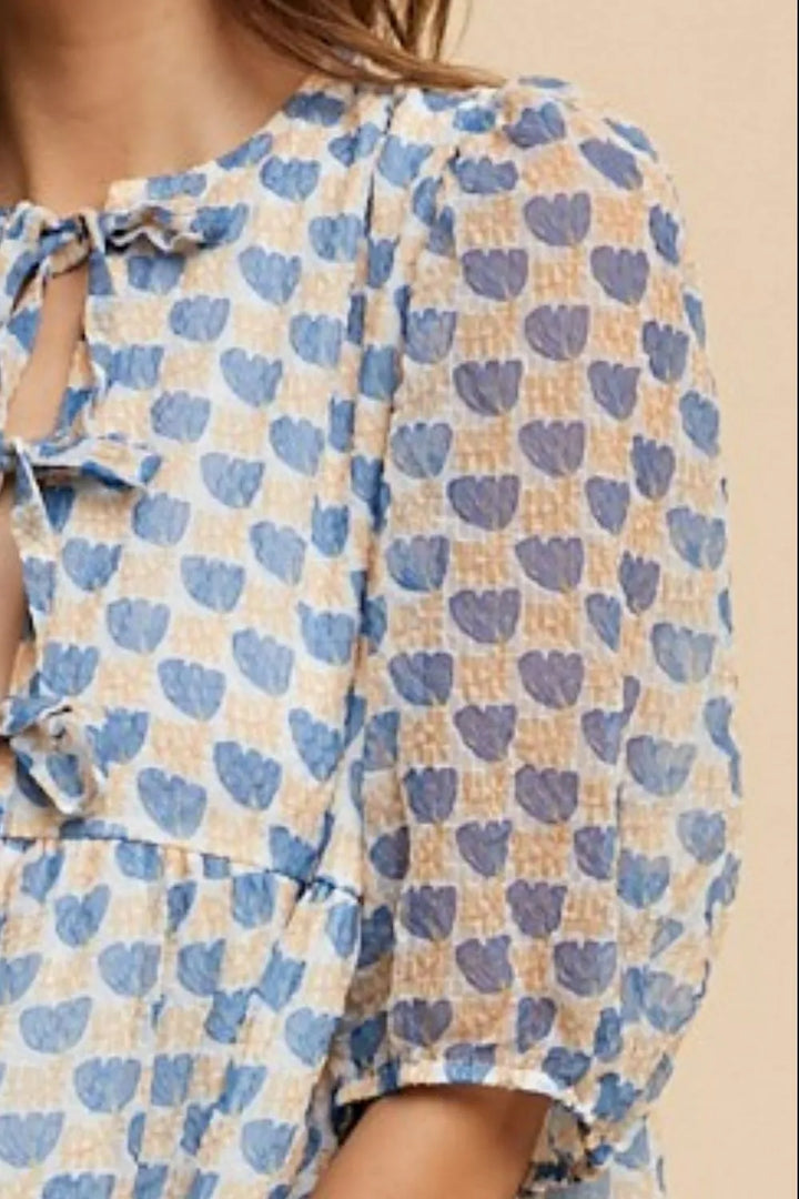 Annie Wear Printed Front Tie Closure Babydoll Blouse