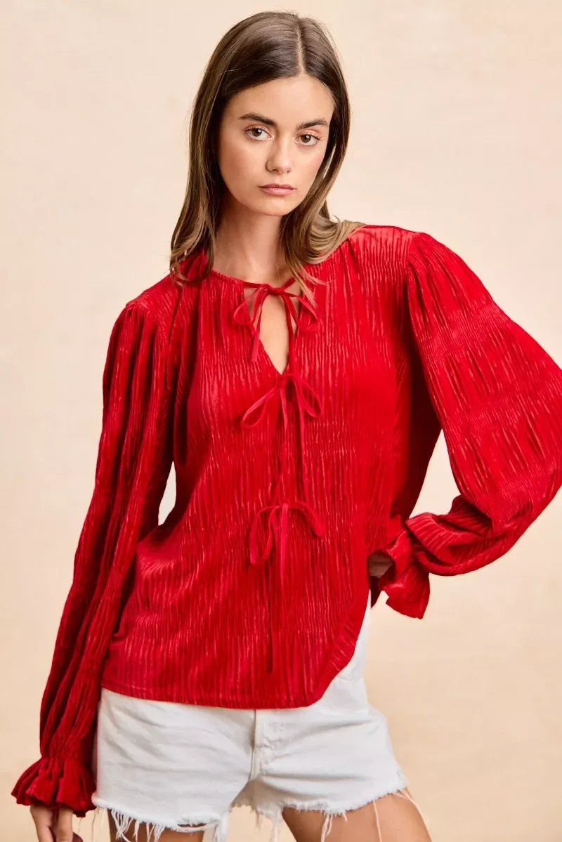 BiBi Christmas Theme Velvet Bow Tied Top With Neck Drop - DAVERRI FASHIONS