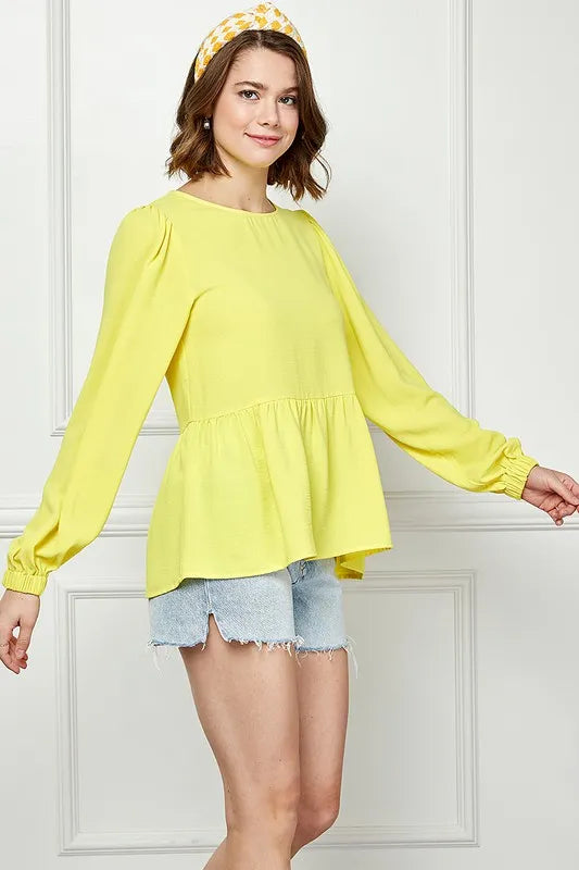 Lime 'N' Chili Round Neck Ruffle Hem Balloon Sleeve Blouse
