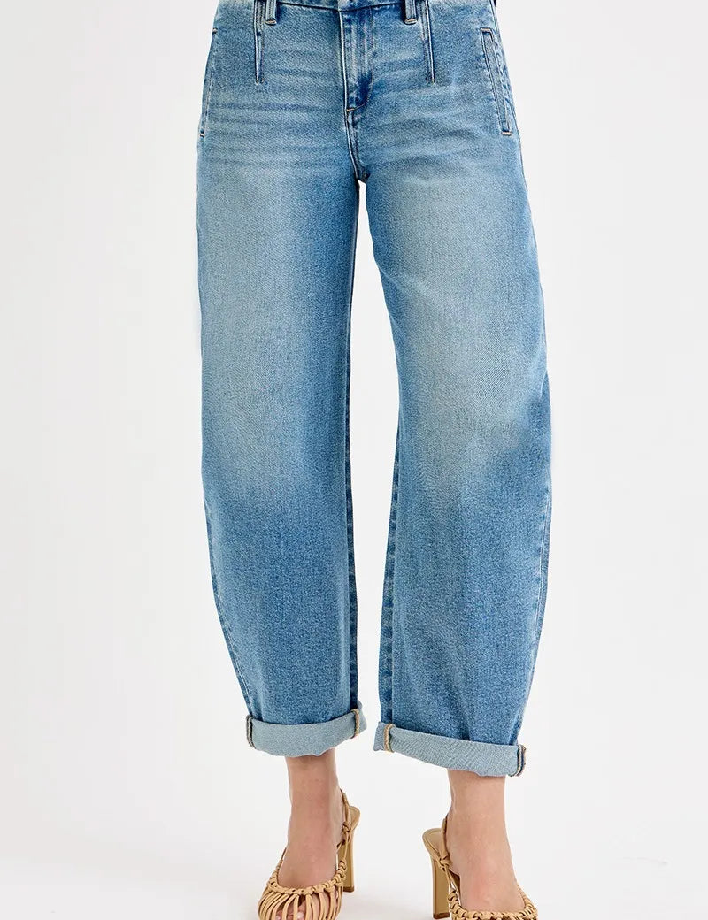 RISEN Full Size Mid Rise Fit Barrel Roll Up Jeans | Jeans Daverri Fashions