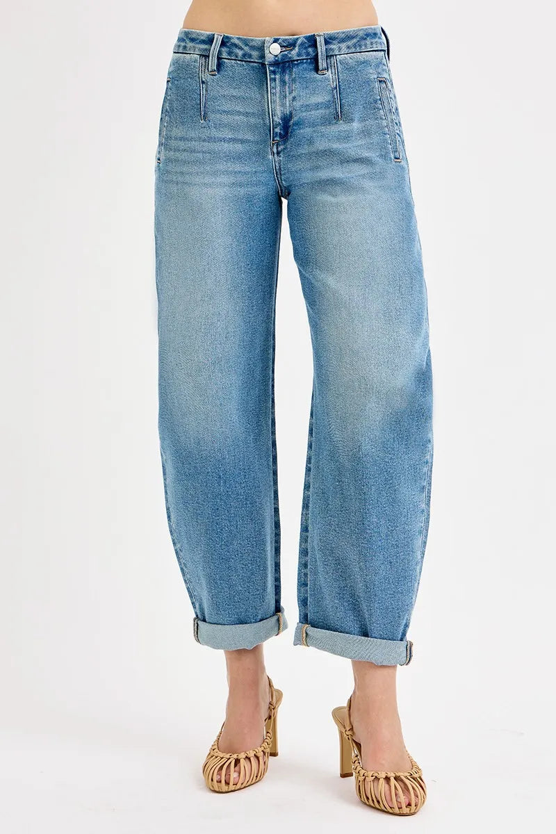 RISEN Full Size Mid Rise Fit Barrel Roll Up Jeans Jeans