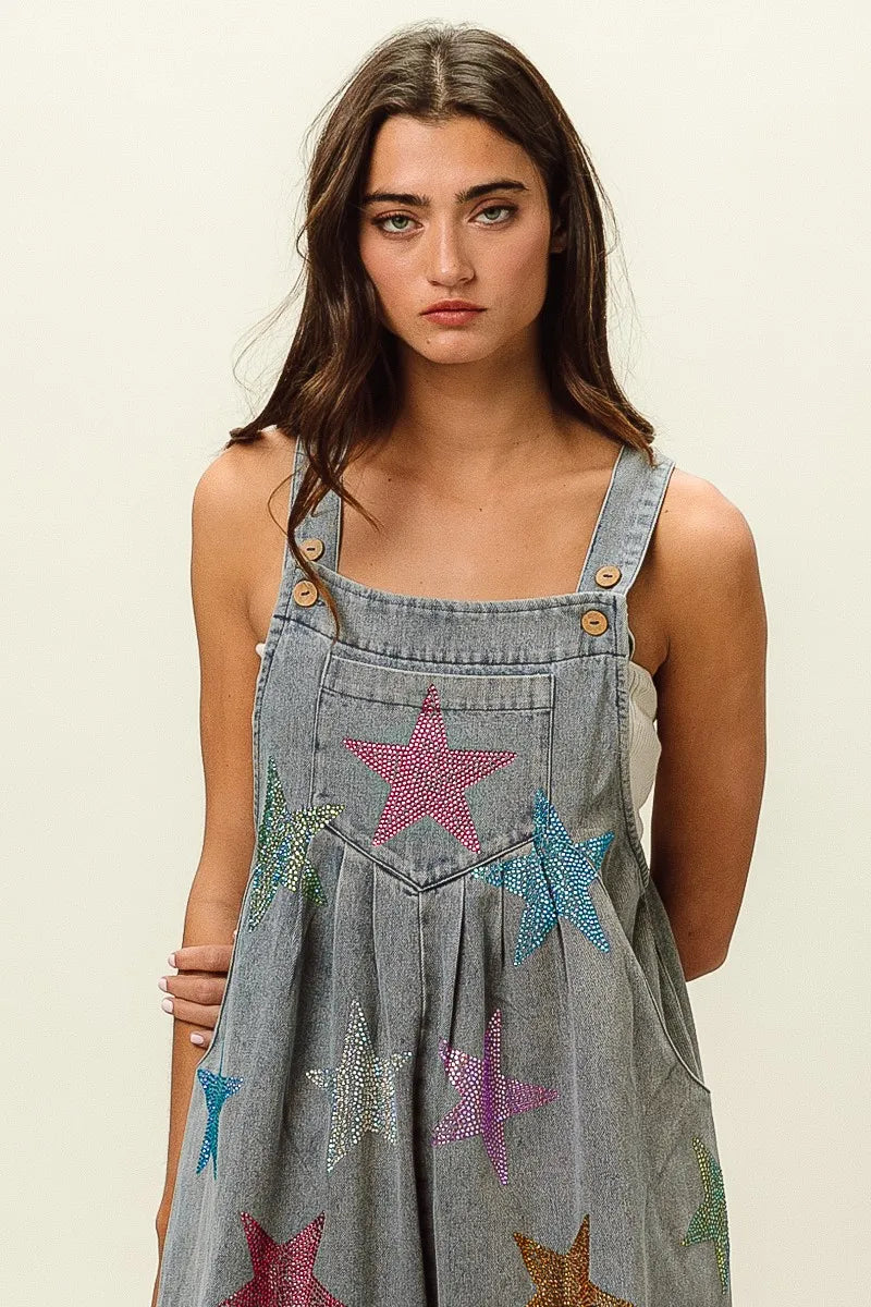 BiBi Star Rhinestone Washed Wide Leg Shortalls Shortalls