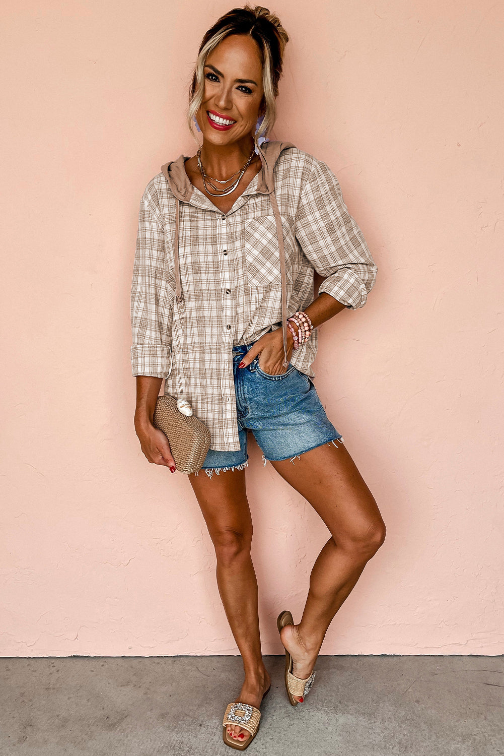 Pink Checkered Print Loose Fit Buttoned Hooded Shacket | Shackets Daverri Fashions