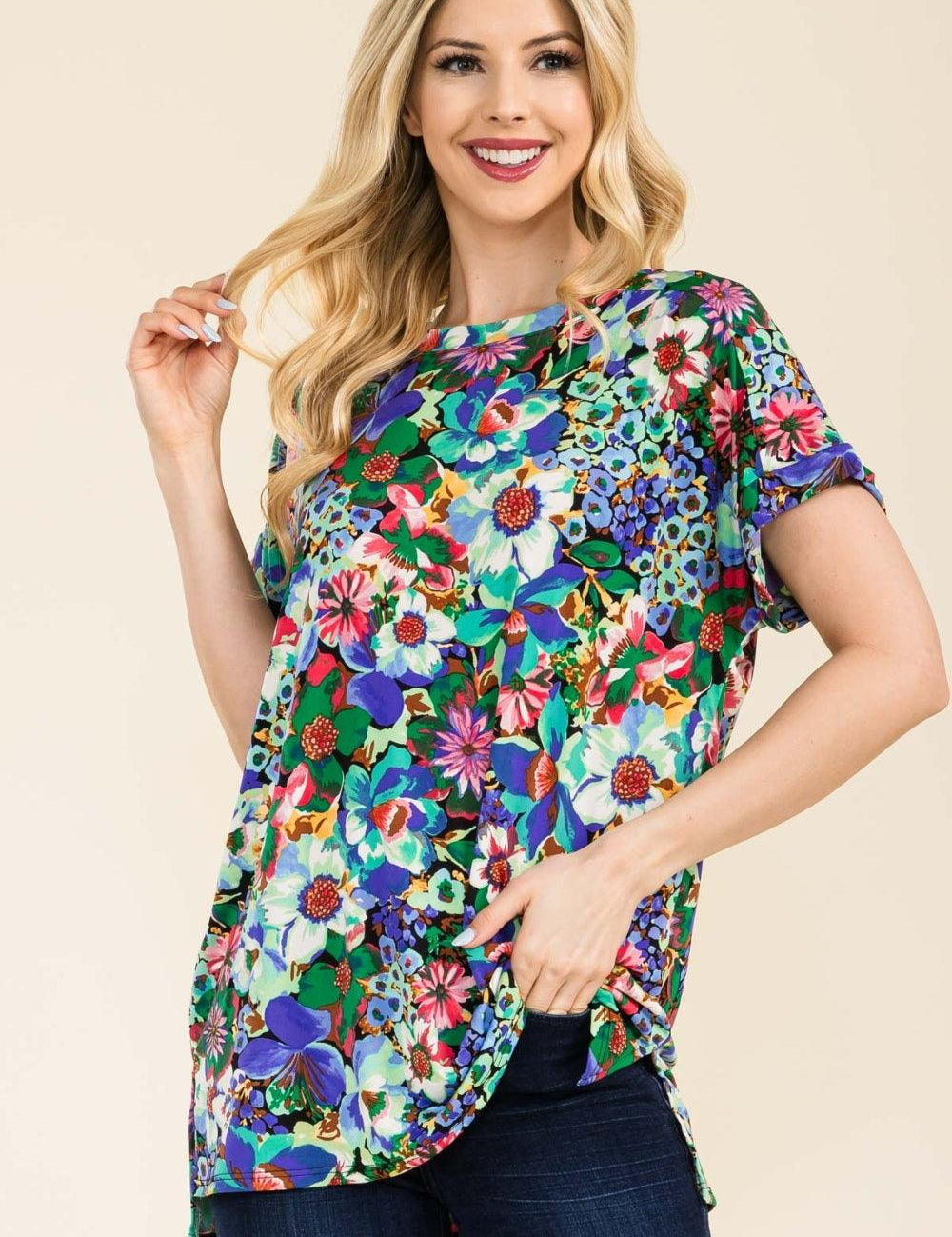 Round Neck Short Sleeve Floral Top Black Green M Shirts & Tops