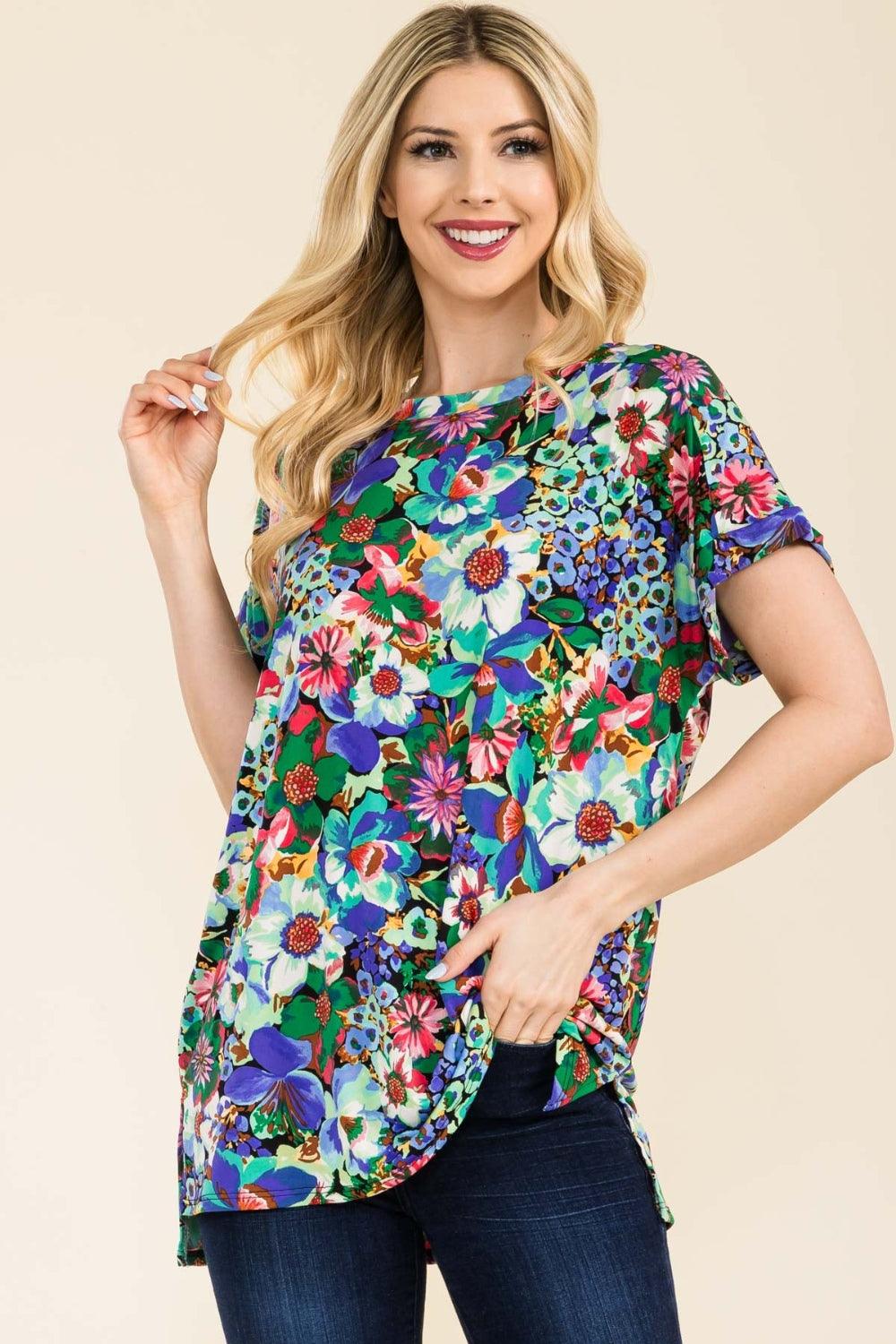 Round Neck Short Sleeve Floral Top Black Green Shirts & Tops