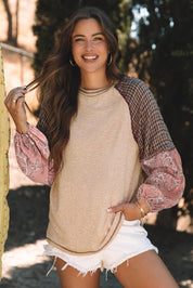 Jet Stream 85%Polyester+10%Viscose+5%Elastane Fushia Mixed Print Raglan Sleeve Ribbed Knit Patchwork Blouse | Blouses Daverri Fashions