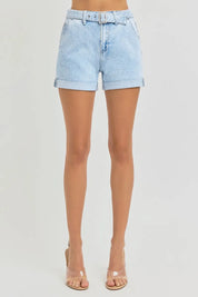 RISEN Full Size High Rise Belted Roll Up Shorts Plus Size | Shorts Daverri Fashions