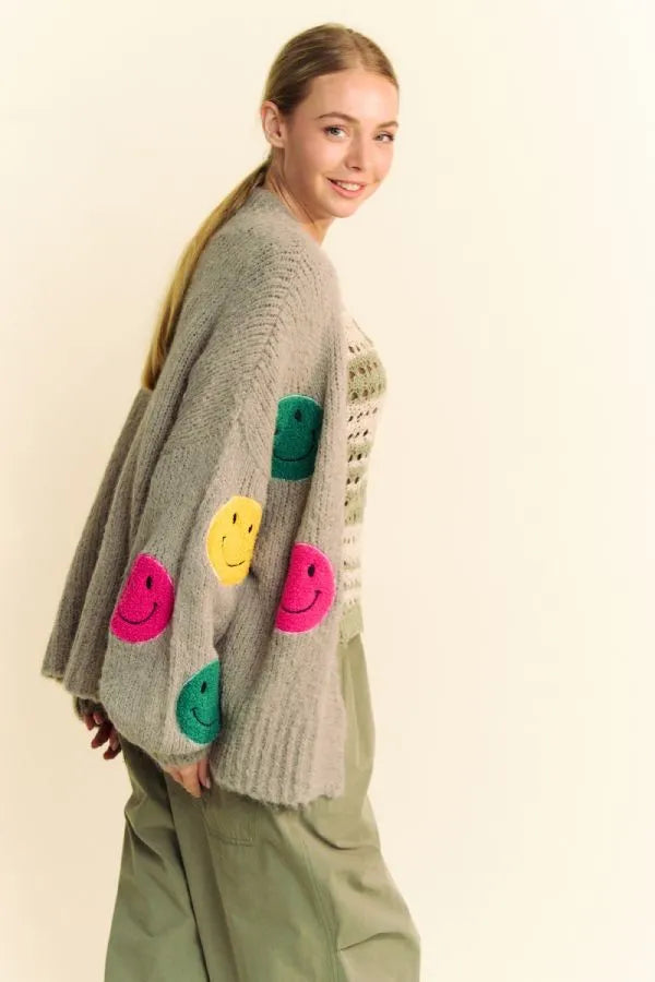 Davi & Dani Fuzzy Smile Open Front Long Sleeve Cardigan | Cardigans Daverri Fashions