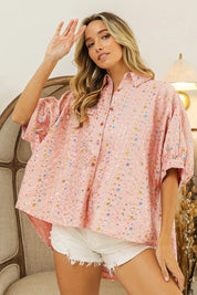 BiBi Sequin Striped Short Dolman Sleeve Blouse | Daverri Fashions