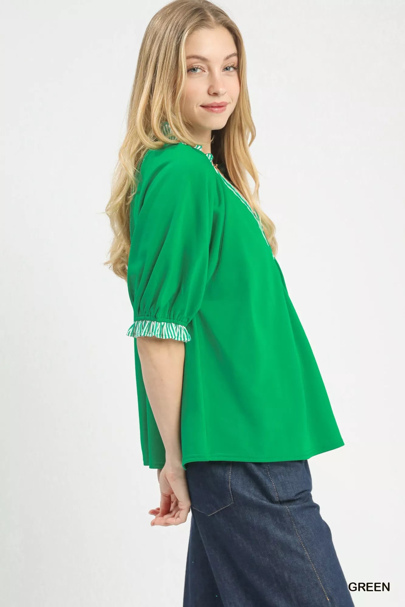 Vibrant green Umgee French Terry Collared Top with ruffled cuffs