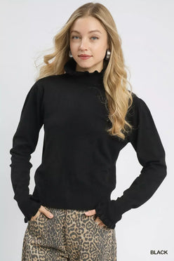 Umgee Ruffle Mock Neck Puff Sleeve Sweater - DAVERRI FASHIONS