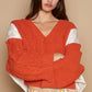 POL Cable Knit Quilting Patch V-Neck Contrast Sweater Orange - DAVERRI FASHIONS