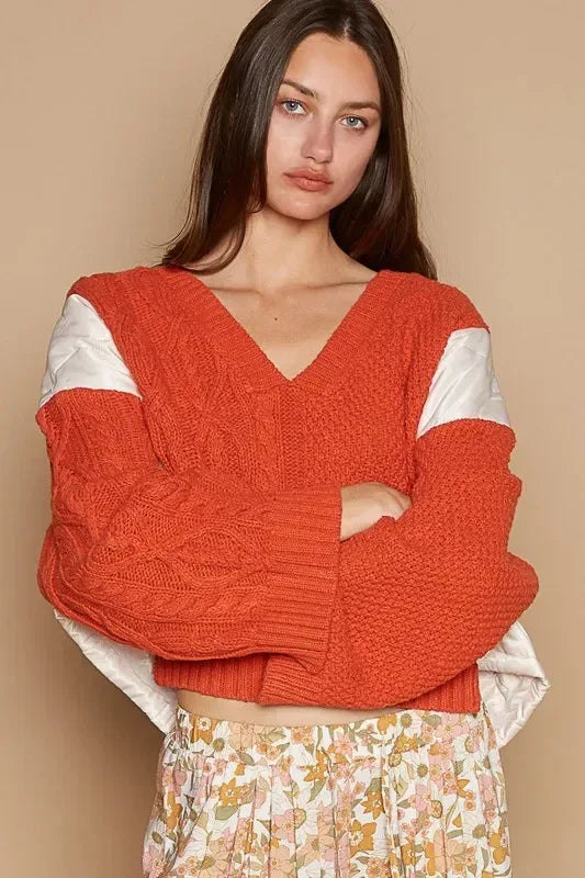 POL Cable Knit Quilting Patch V-Neck Contrast Sweater Orange - DAVERRI FASHIONS