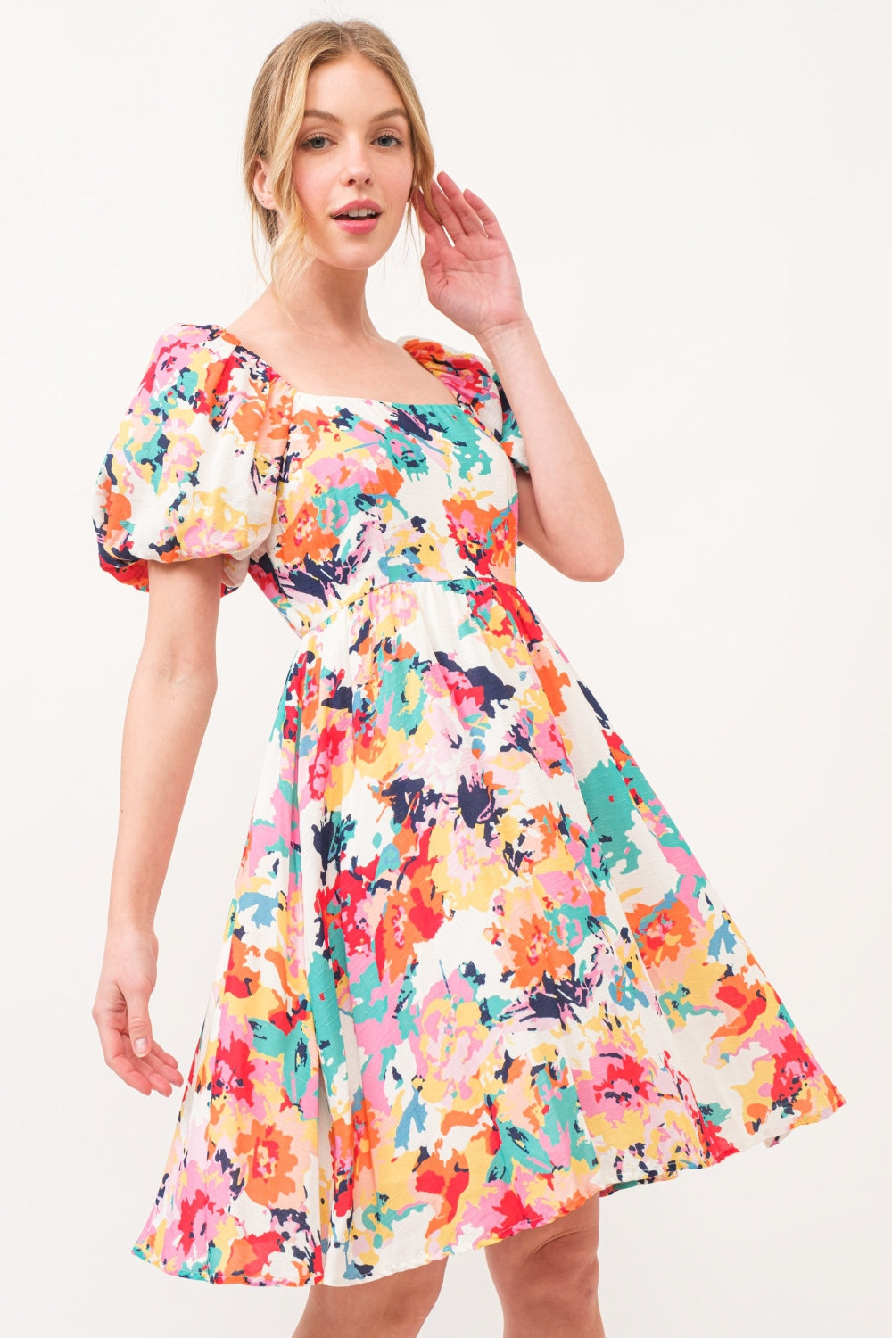 And The Why Square Neck Puff Sleeve Floral Dress Multi Knee Length Dresses