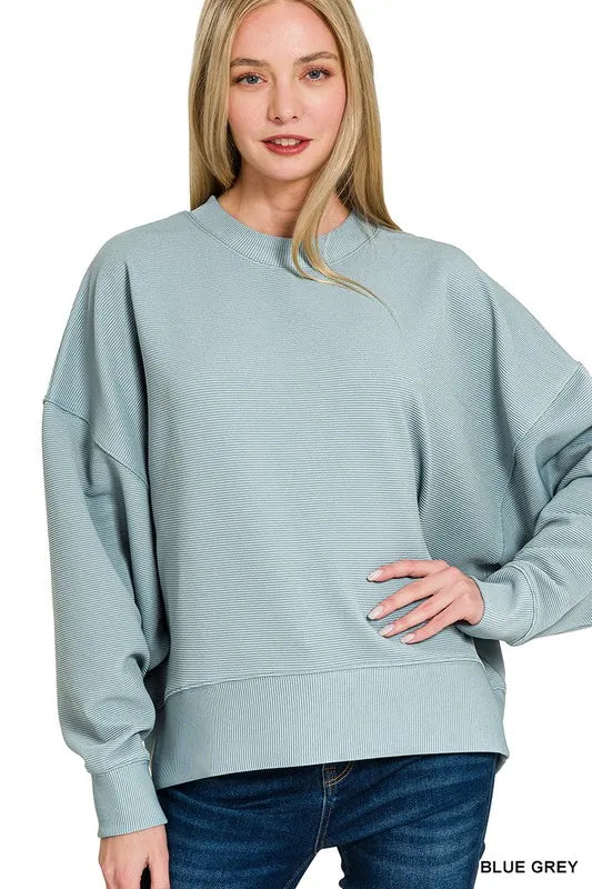 Zenana Ribbed Balloon Sleeve Sweatshirt BLUE GREY Sweatshirts
